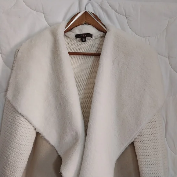 Fever Women's XL Cascade Collar Beige/Tan Knit Faux Suede & Sherpa Knit Jacket - Picture 2 of 13